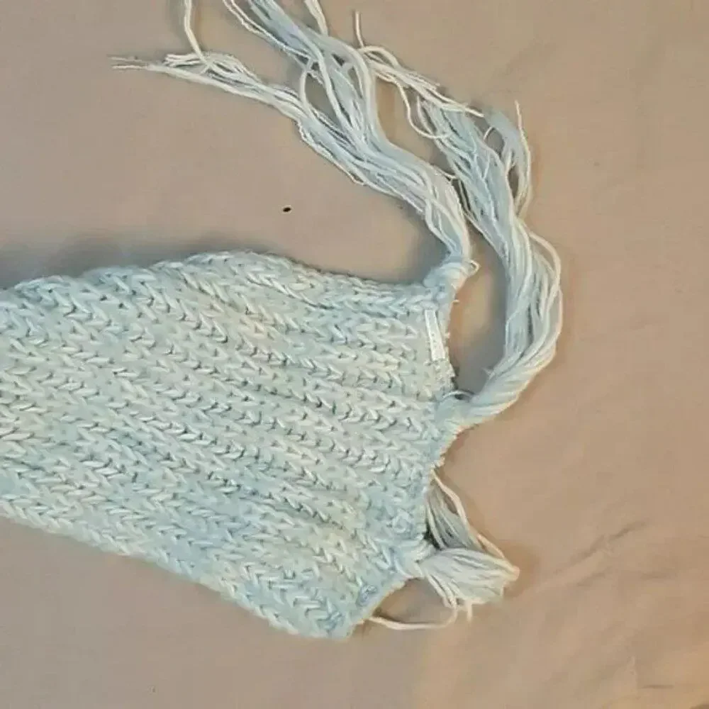 Knitted Light Green and White Scarf with Tassles at Each End